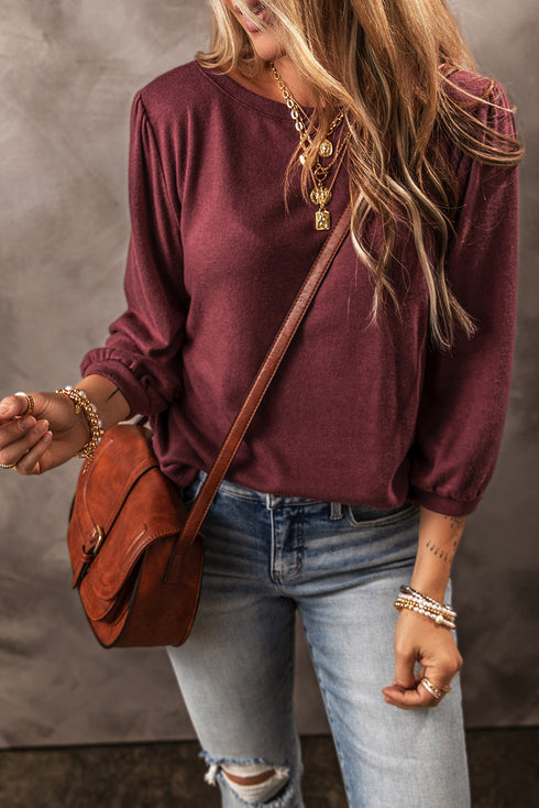 Solid Color 3/4 Sleeve Round Neck Blouse